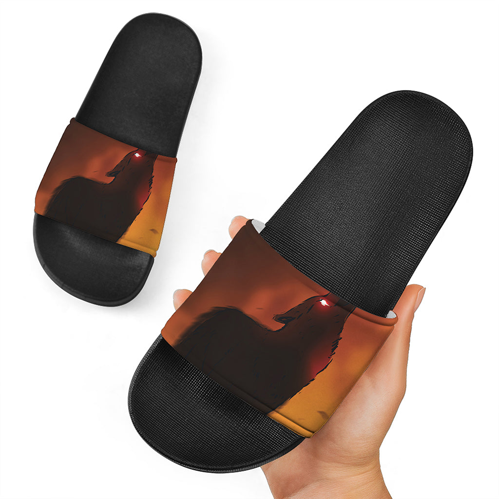 Red Moon Howling Wolf Print Black Slide Sandals
