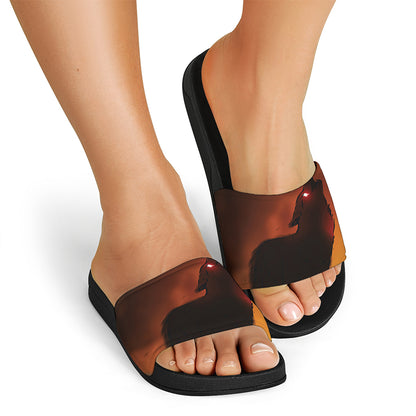 Red Moon Howling Wolf Print Black Slide Sandals