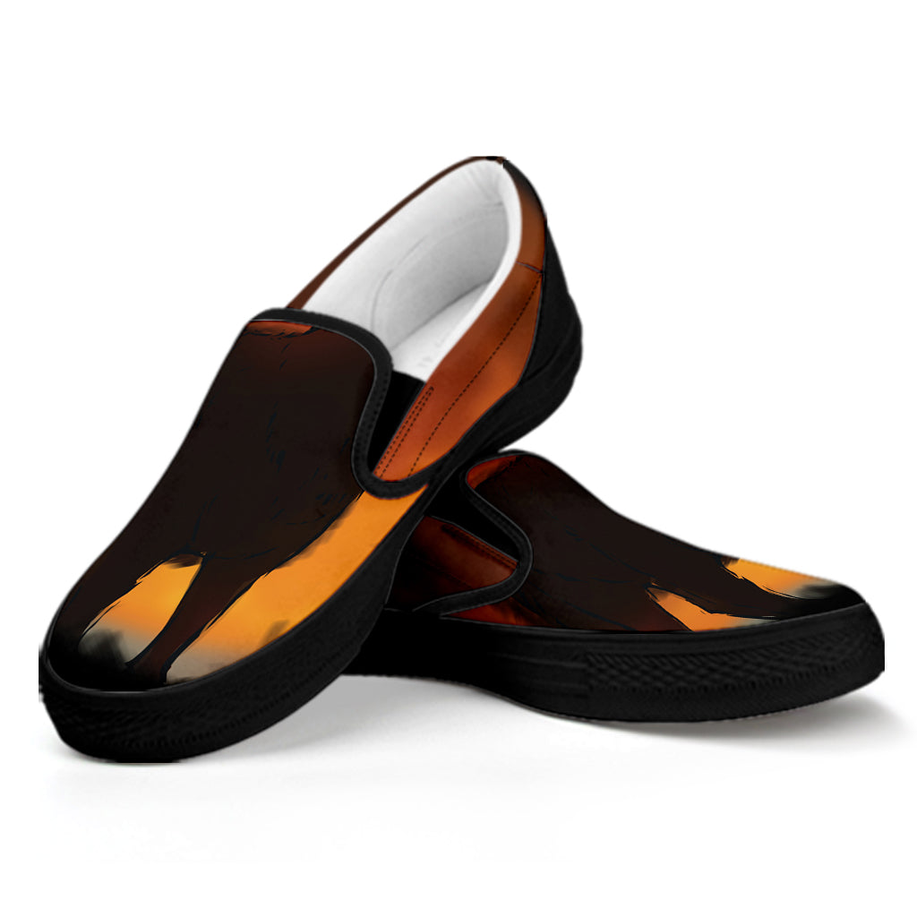 Red Moon Howling Wolf Print Black Slip On Shoes