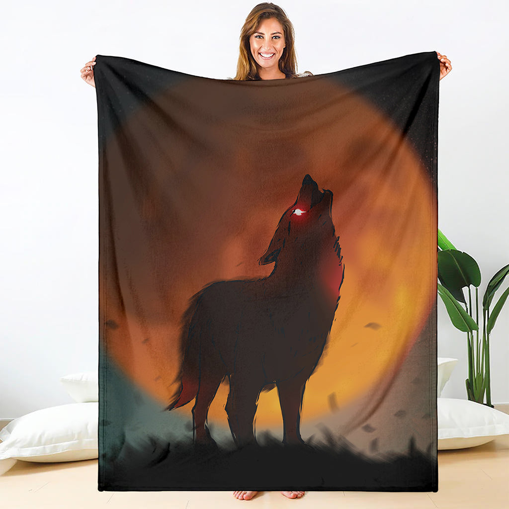 Red Moon Howling Wolf Print Blanket