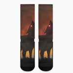 Red Moon Howling Wolf Print Crew Socks
