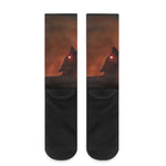 Red Moon Howling Wolf Print Crew Socks