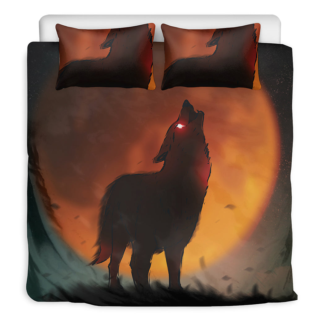 Red Moon Howling Wolf Print Duvet Cover Bedding Set