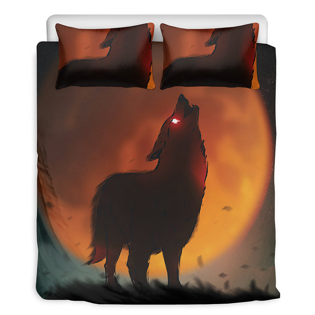 Red Moon Howling Wolf Print Duvet Cover Bedding Set
