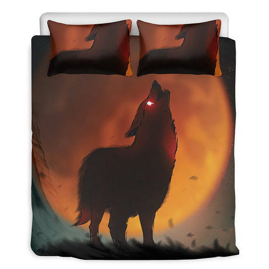 Red Moon Howling Wolf Print Duvet Cover Bedding Set