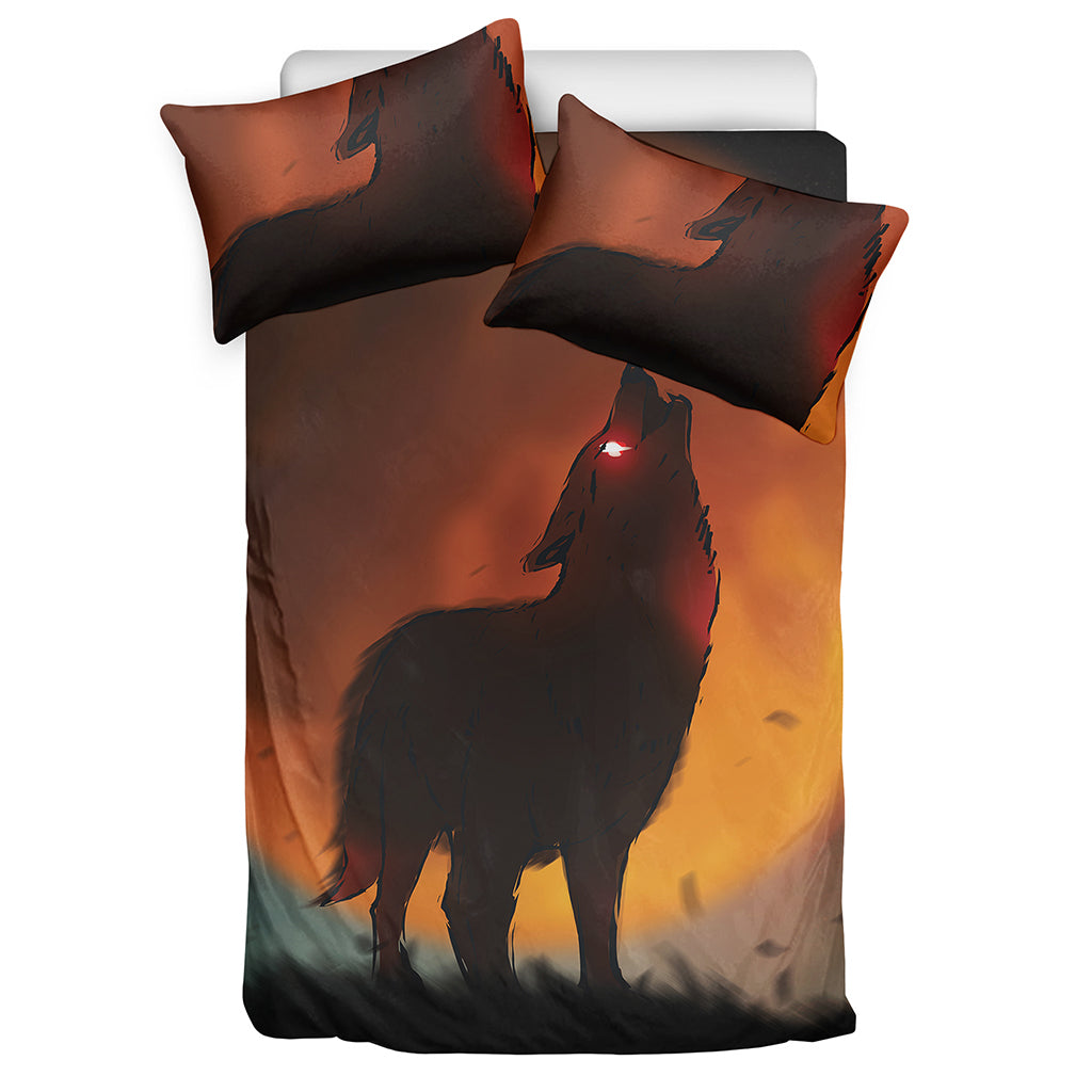 Red Moon Howling Wolf Print Duvet Cover Bedding Set