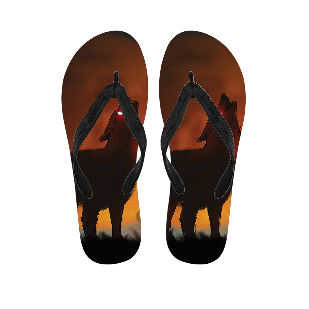 Red Moon Howling Wolf Print Flip Flops