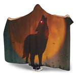 Red Moon Howling Wolf Print Hooded Blanket