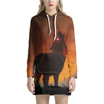 Red Moon Howling Wolf Print Hoodie Dress