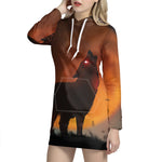 Red Moon Howling Wolf Print Hoodie Dress