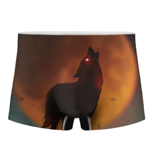 Red Moon Howling Wolf Print Men's Boxer Briefs