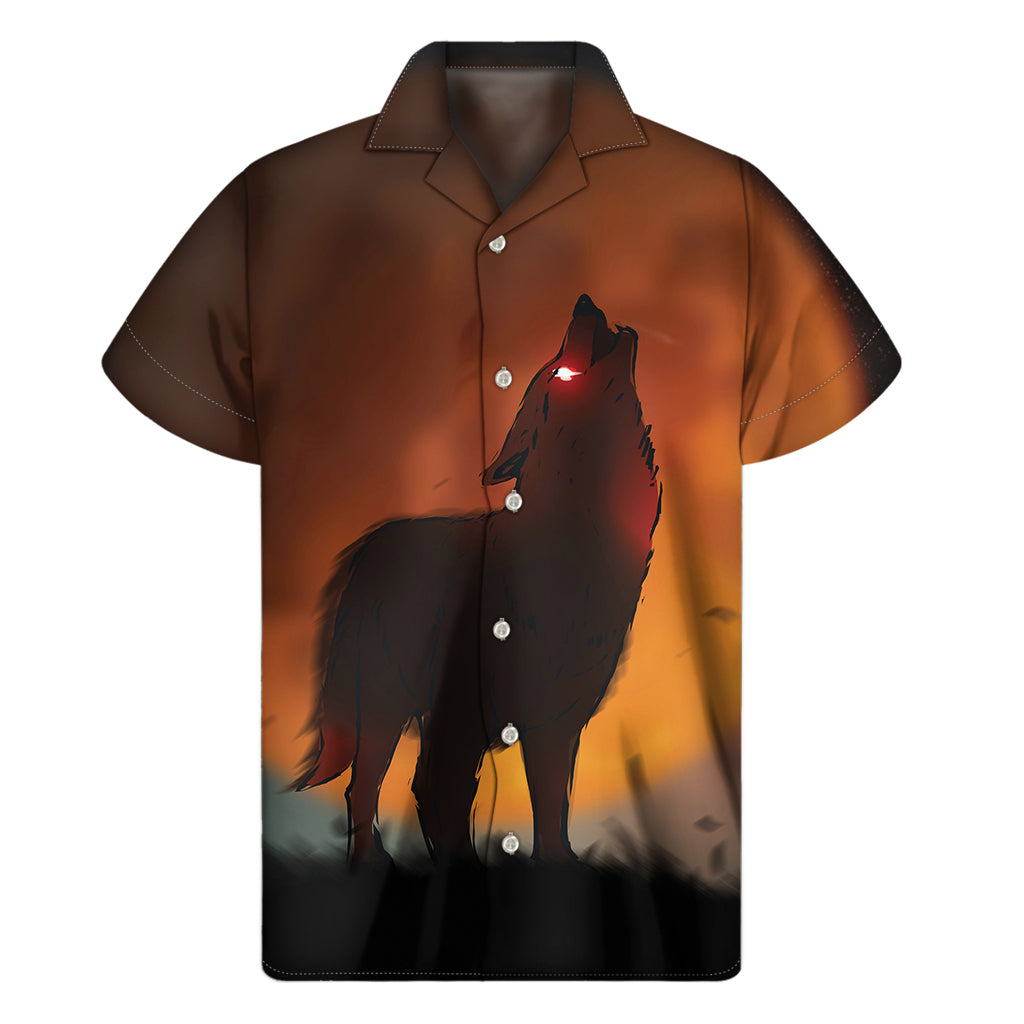 Red Moon Howling Wolf Print Men's Short Sleeve Shirt