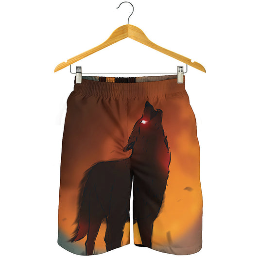 Red Moon Howling Wolf Print Men's Shorts