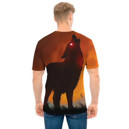 Red Moon Howling Wolf Print Men's T-Shirt