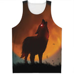 Red Moon Howling Wolf Print Men's Tank Top