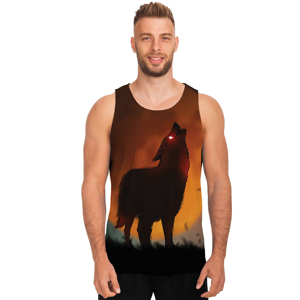 Red Moon Howling Wolf Print Men's Tank Top