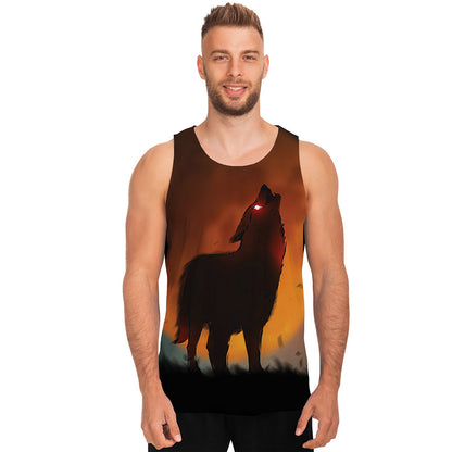 Red Moon Howling Wolf Print Men's Tank Top