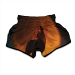 Red Moon Howling Wolf Print Muay Thai Boxing Shorts