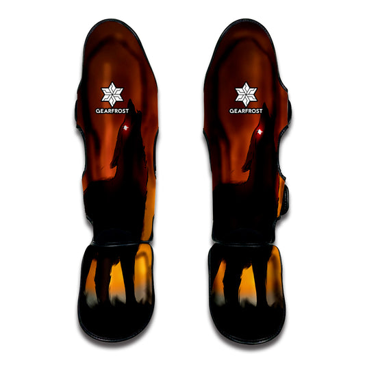 Red Moon Howling Wolf Print Muay Thai Shin Guard