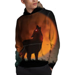 Red Moon Howling Wolf Print Pullover Hoodie