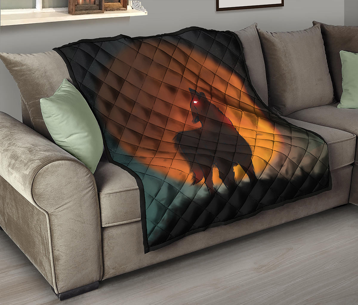 Red Moon Howling Wolf Print Quilt