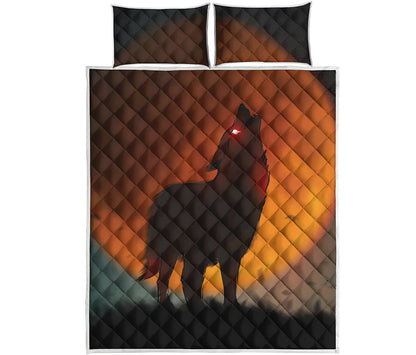 Red Moon Howling Wolf Print Quilt Bed Set