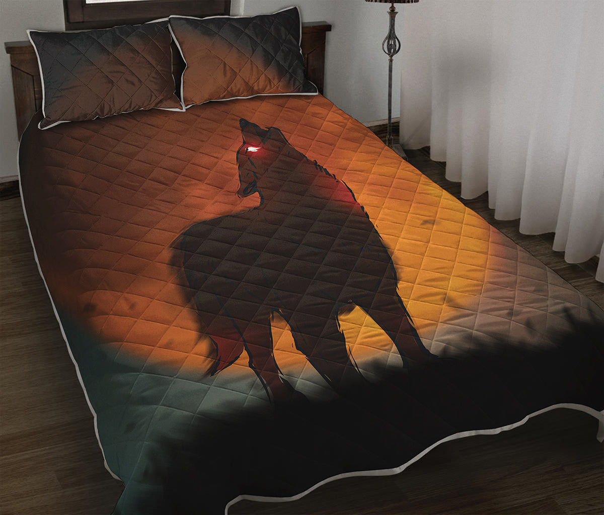 Red Moon Howling Wolf Print Quilt Bed Set