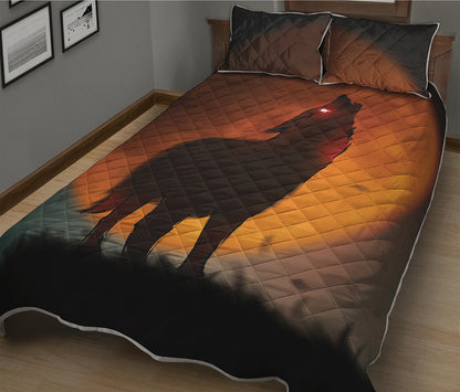 Red Moon Howling Wolf Print Quilt Bed Set