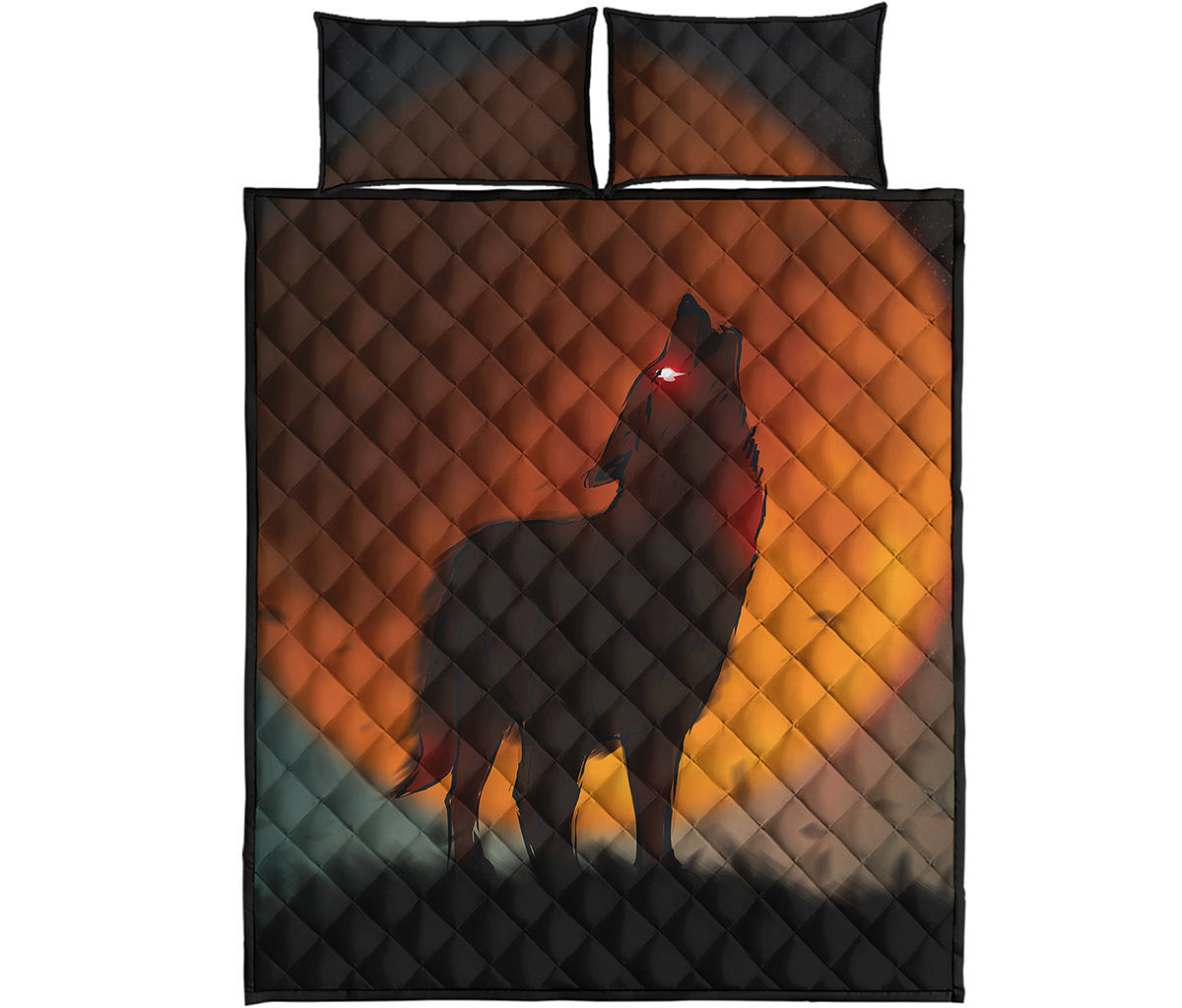 Red Moon Howling Wolf Print Quilt Bed Set