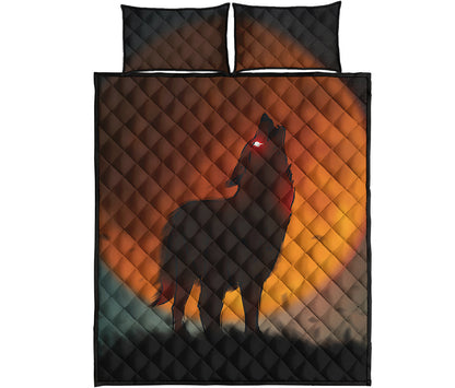 Red Moon Howling Wolf Print Quilt Bed Set