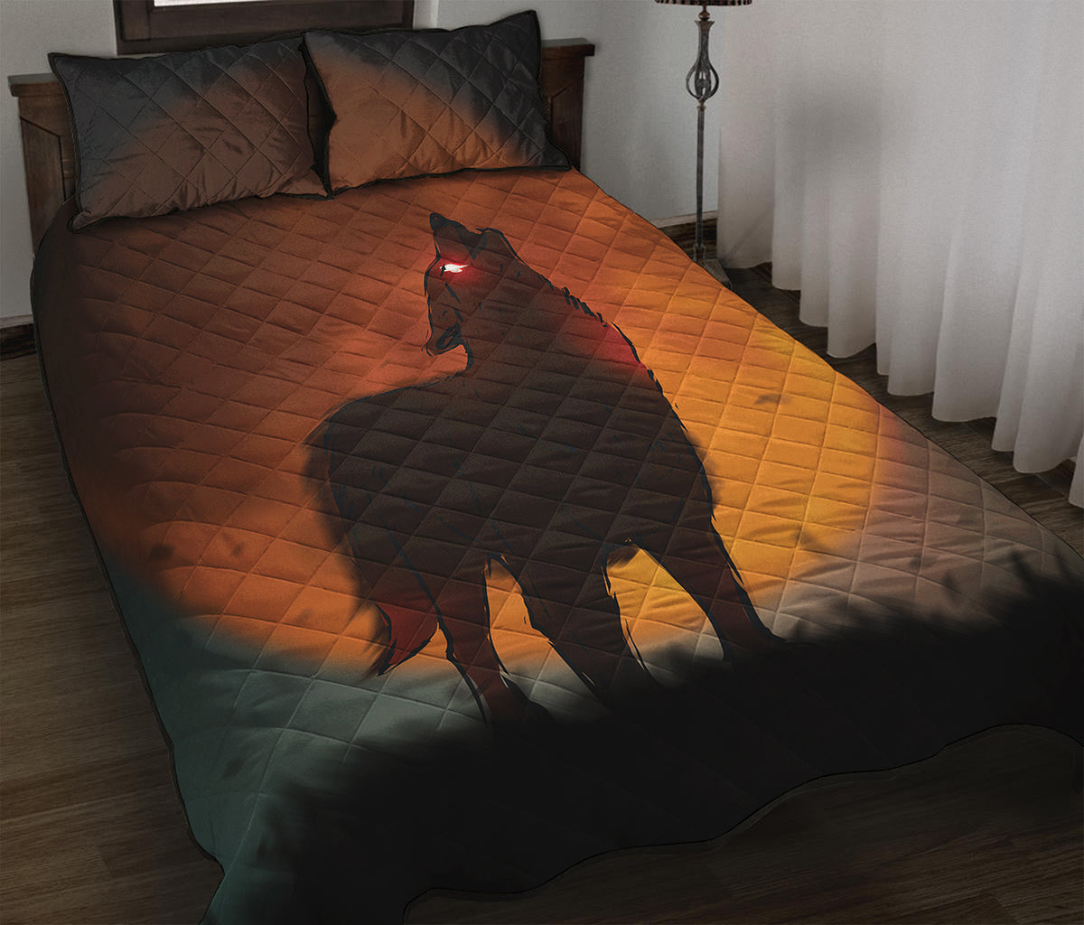 Red Moon Howling Wolf Print Quilt Bed Set