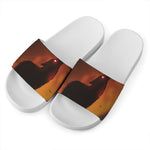 Red Moon Howling Wolf Print White Slide Sandals