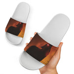Red Moon Howling Wolf Print White Slide Sandals