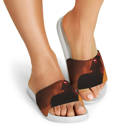 Red Moon Howling Wolf Print White Slide Sandals