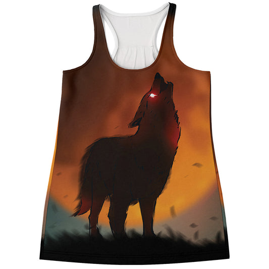 Red Moon Howling Wolf Print Women's Racerback Tank Top