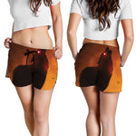 Red Moon Howling Wolf Print Women's Shorts