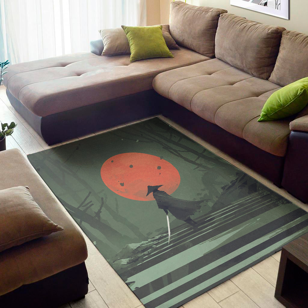 Red Moon Samurai Print Area Rug