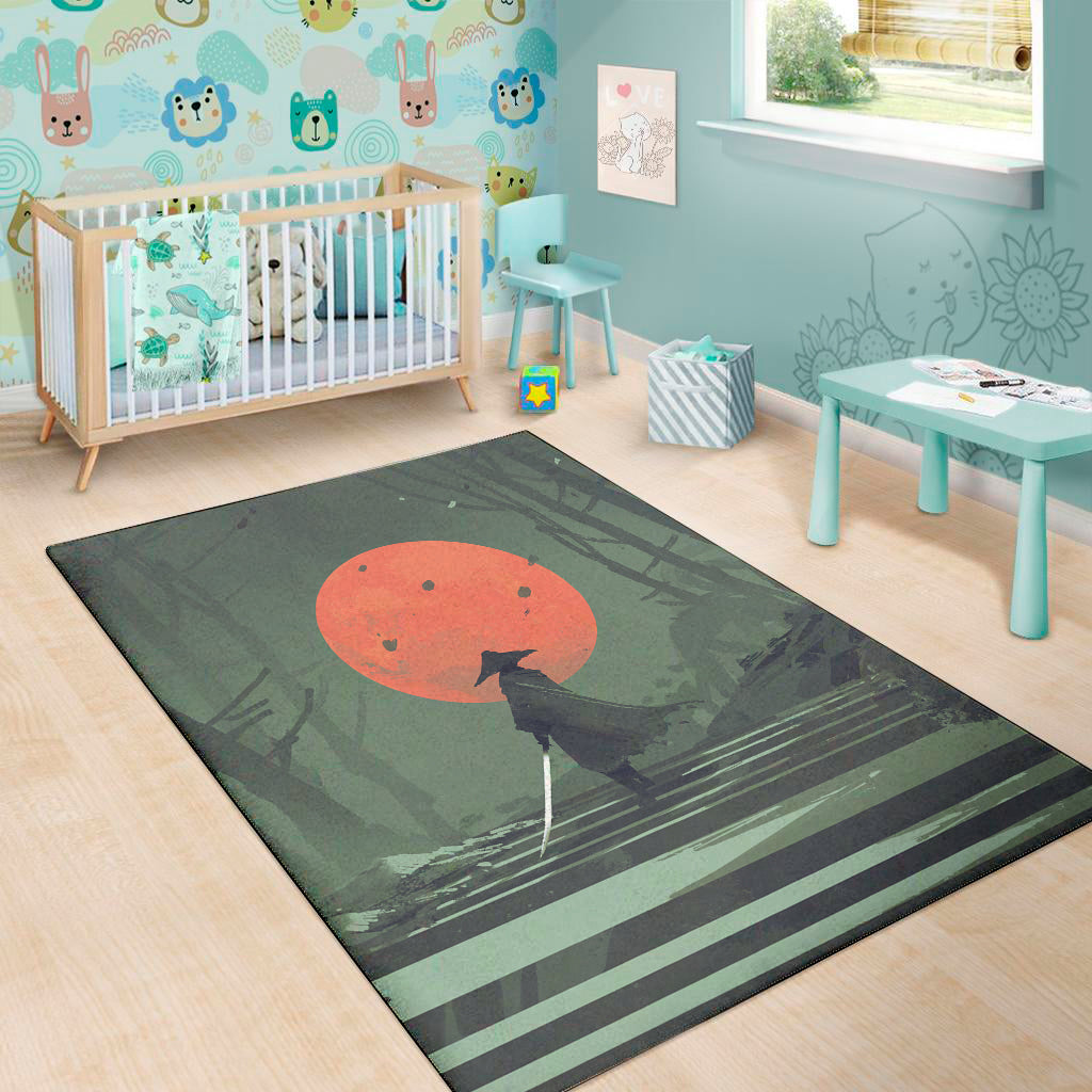 Red Moon Samurai Print Area Rug