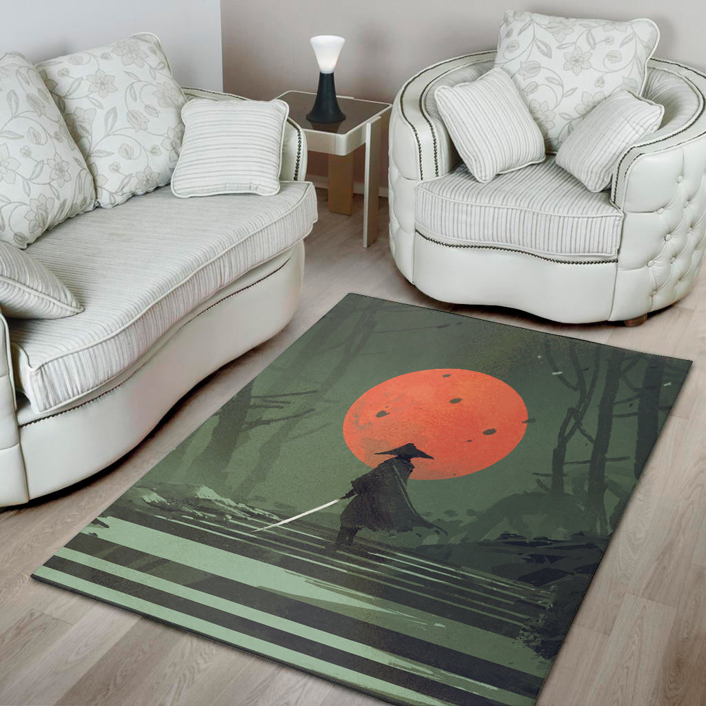 Red Moon Samurai Print Area Rug