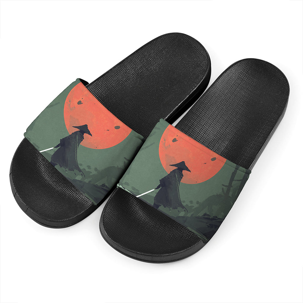 Red Moon Samurai Print Black Slide Sandals