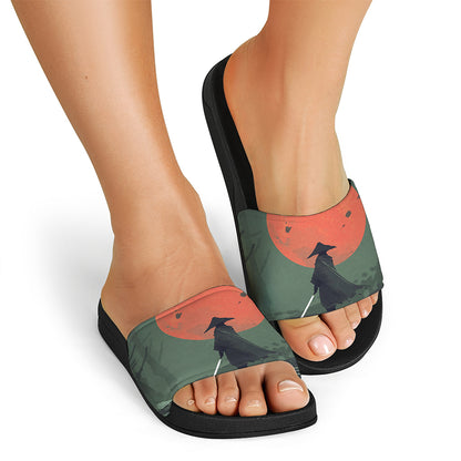 Red Moon Samurai Print Black Slide Sandals