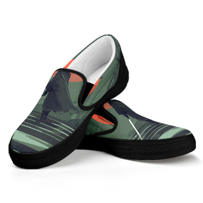 Red Moon Samurai Print Black Slip On Shoes