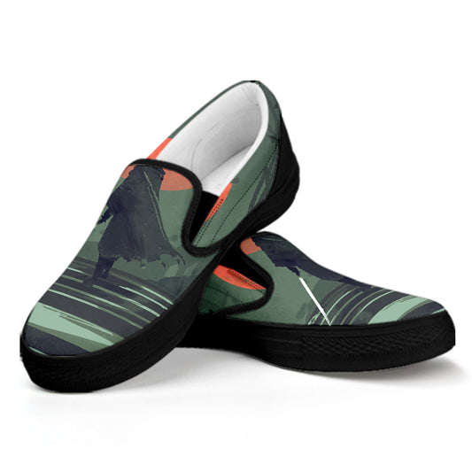 Red Moon Samurai Print Black Slip On Shoes
