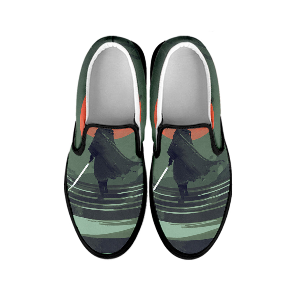 Red Moon Samurai Print Black Slip On Shoes