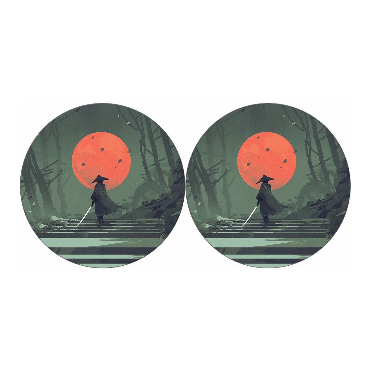 Red Moon Samurai Print Car Coasters