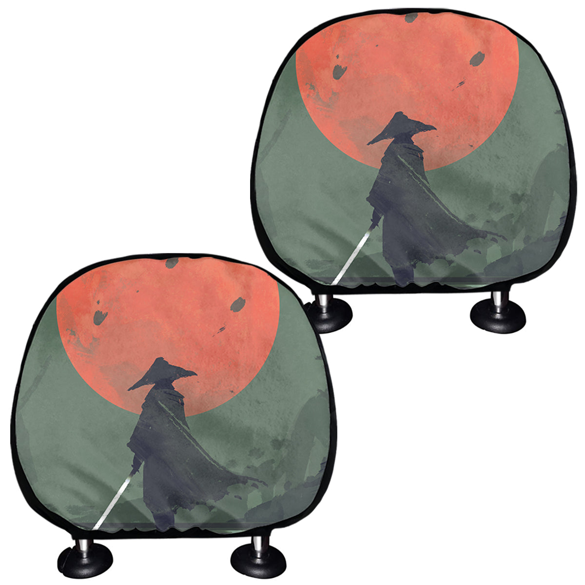 Red Moon Samurai Print Car Headrest Covers