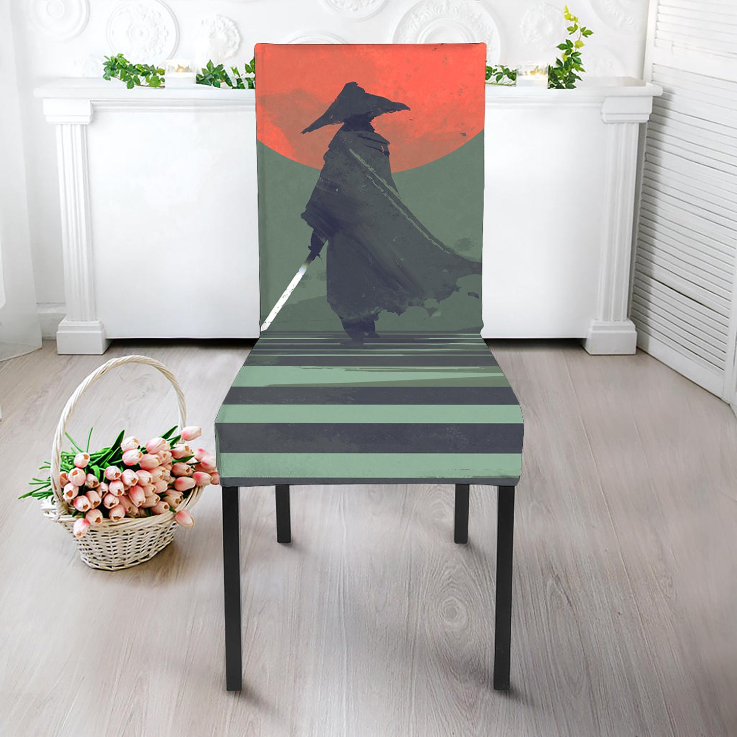 Red Moon Samurai Print Dining Chair Slipcover