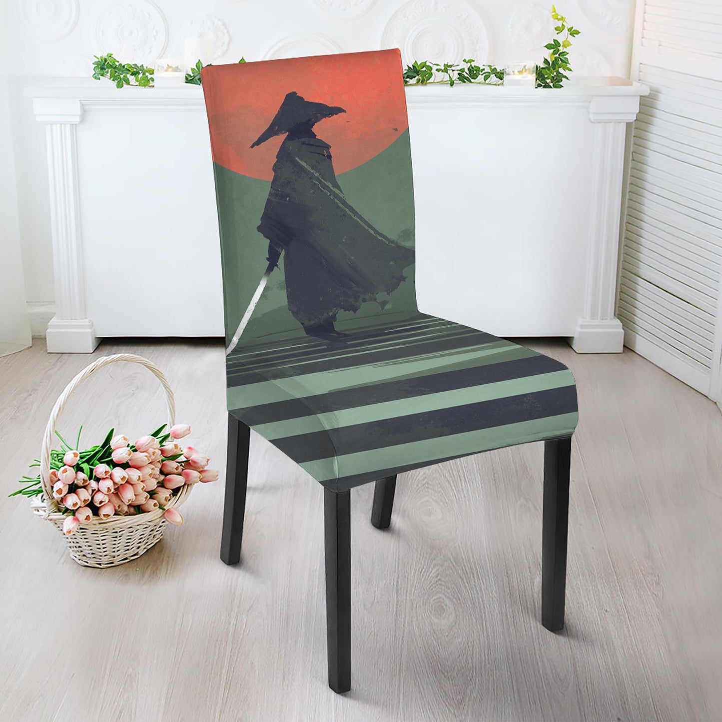 Red Moon Samurai Print Dining Chair Slipcover