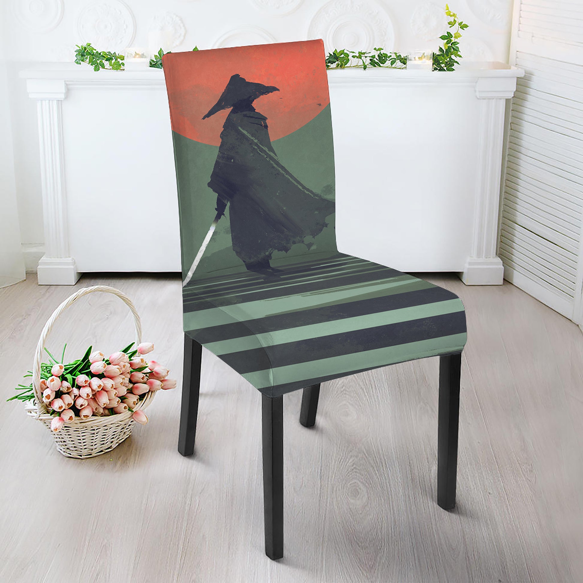 Red Moon Samurai Print Dining Chair Slipcover