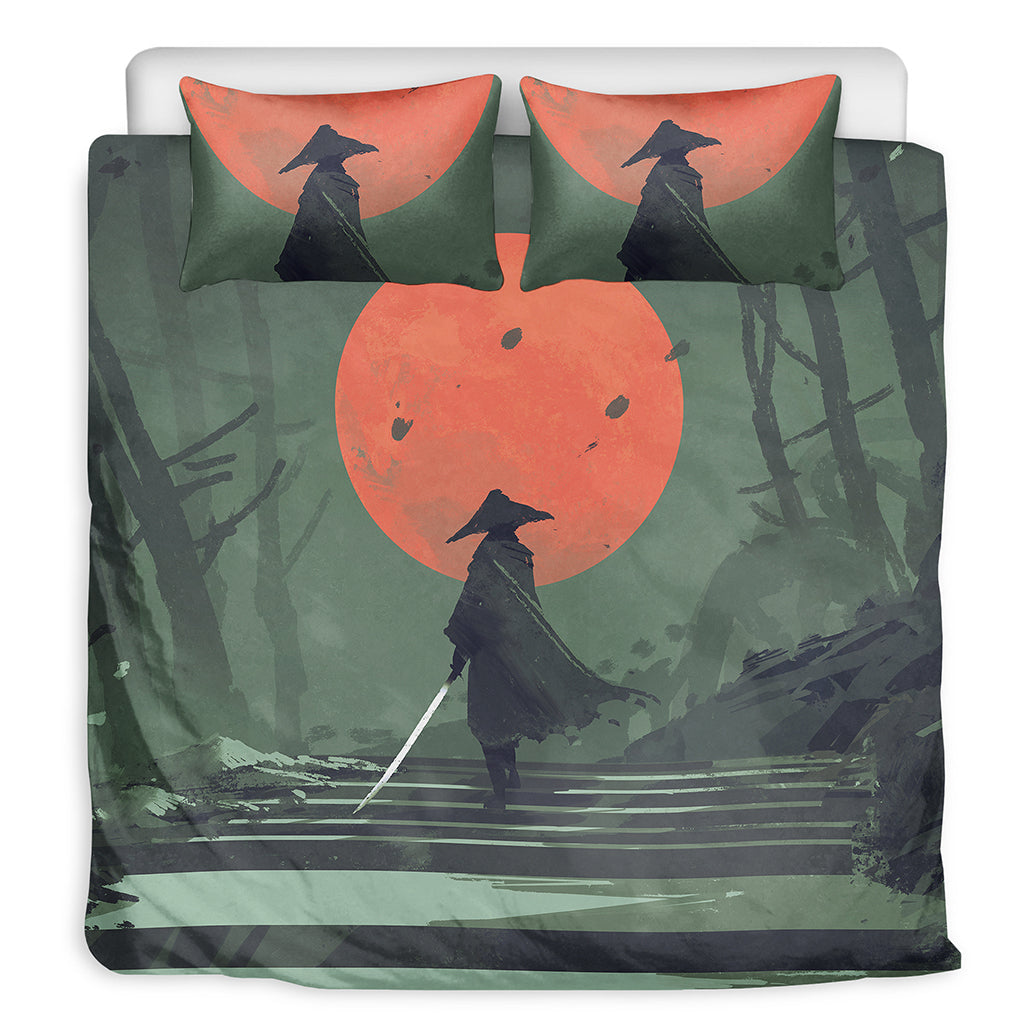 Red Moon Samurai Print Duvet Cover Bedding Set